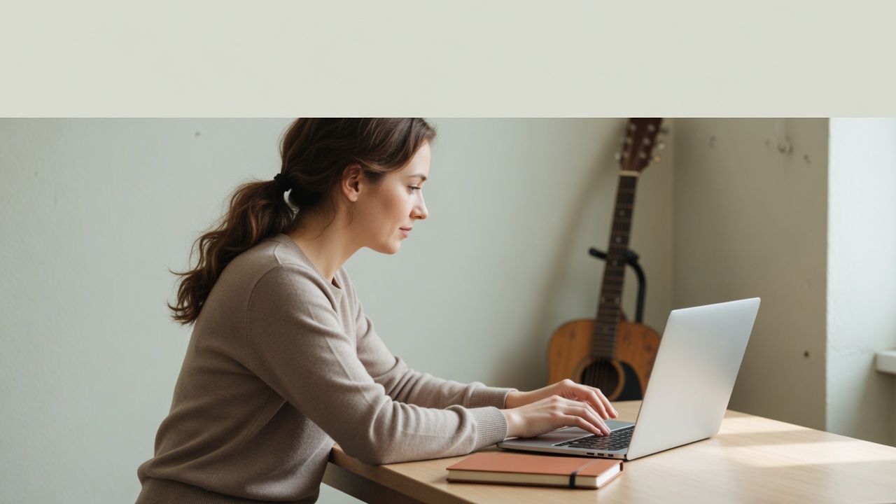 Musician reviewing a profile on a laptop