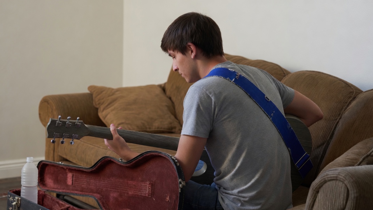 Working musician mid-task with a guitar in a practice space